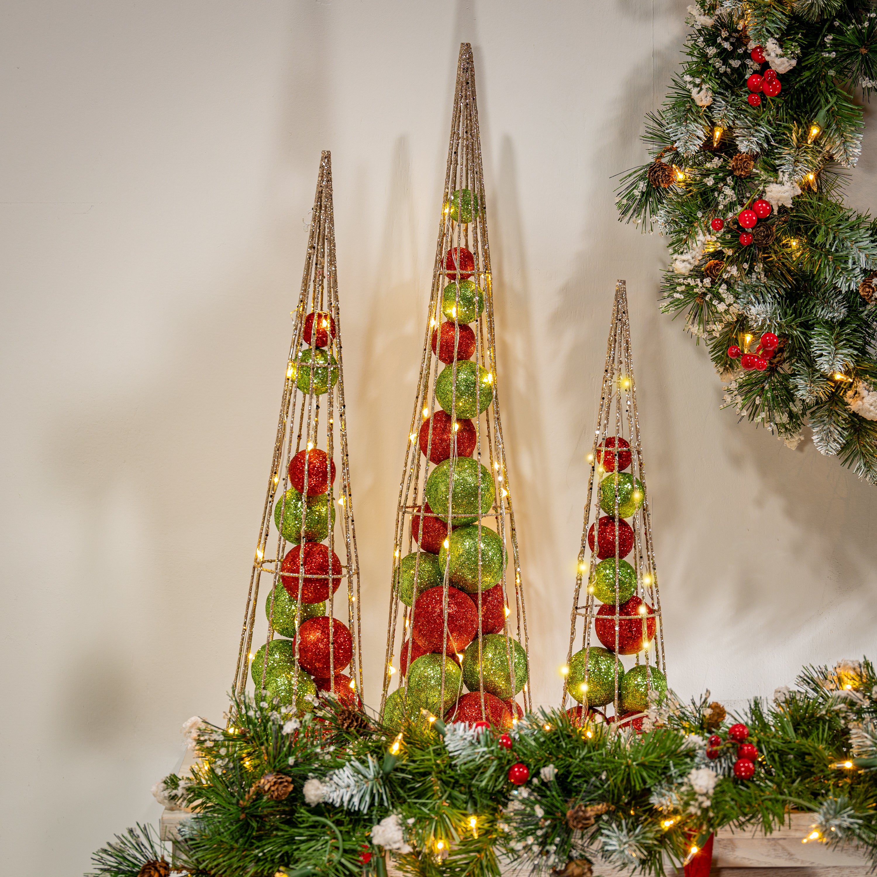 S/3 Battery- Operated Lighted Red & Green Ornament Filled Cone Trees, Lg is 24-in H, Med is 20-in H, Sm is 16-in H